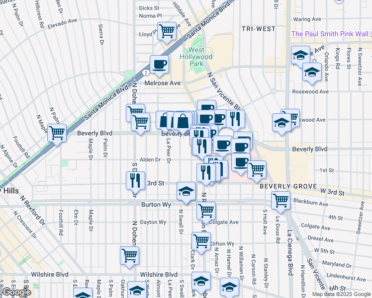 map of restaurants, bars, coffee shops, grocery stores, and more near 128 North Swall Drive in Los Angeles