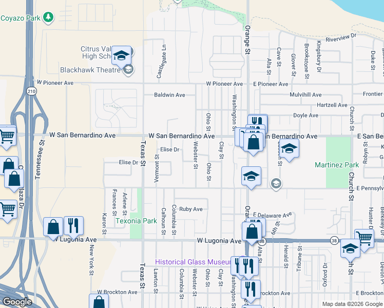 map of restaurants, bars, coffee shops, grocery stores, and more near 1532 Columbia Street in Redlands