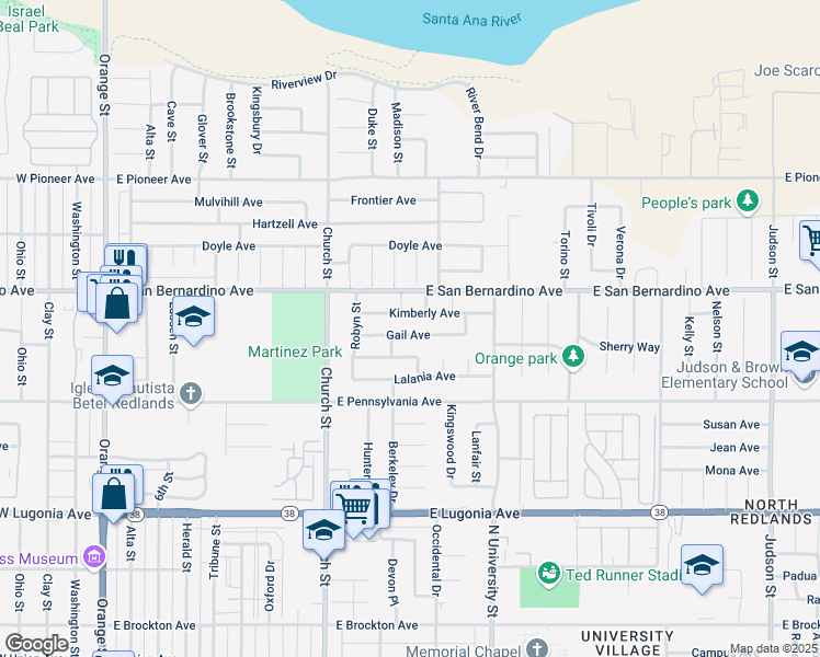 map of restaurants, bars, coffee shops, grocery stores, and more near 923 Gail Avenue in Redlands