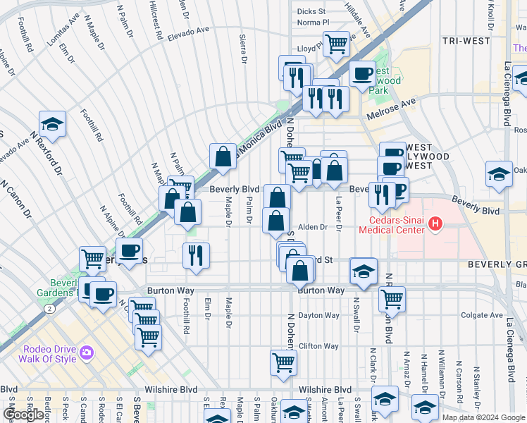 map of restaurants, bars, coffee shops, grocery stores, and more near 411 North Oakhurst Drive in Beverly Hills