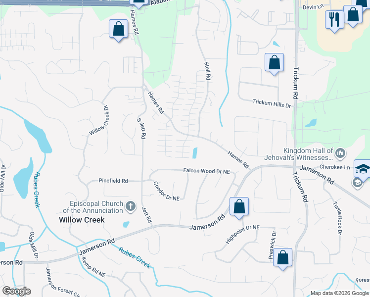 map of restaurants, bars, coffee shops, grocery stores, and more near 1239 West Oaks Way in Woodstock
