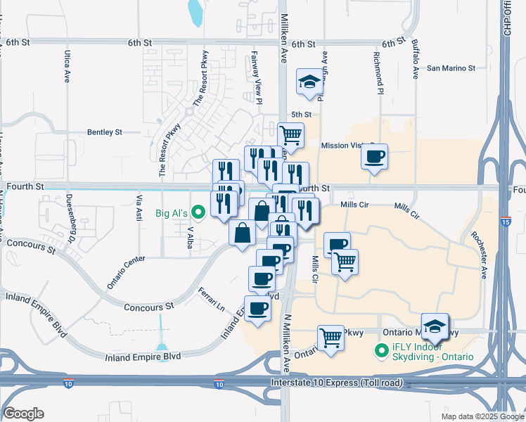 map of restaurants, bars, coffee shops, grocery stores, and more near 1051 North Milliken Avenue in Ontario