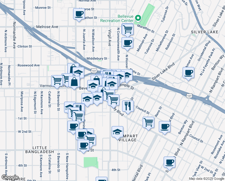 map of restaurants, bars, coffee shops, grocery stores, and more near 2 Silver Lake Boulevard in Los Angeles