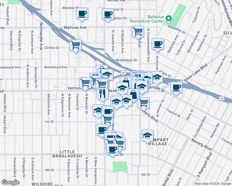 map of restaurants, bars, coffee shops, grocery stores, and more near 3718 Beverly Boulevard in Los Angeles
