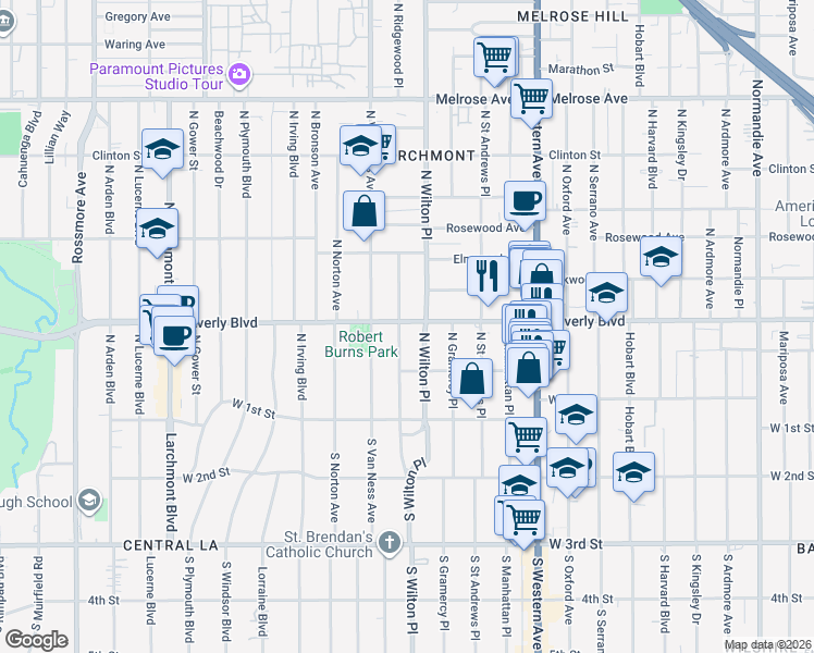 map of restaurants, bars, coffee shops, grocery stores, and more near 229 North Wilton Place in Los Angeles