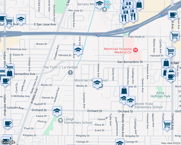 map of restaurants, bars, coffee shops, grocery stores, and more near 9793 Felipe Avenue in Montclair