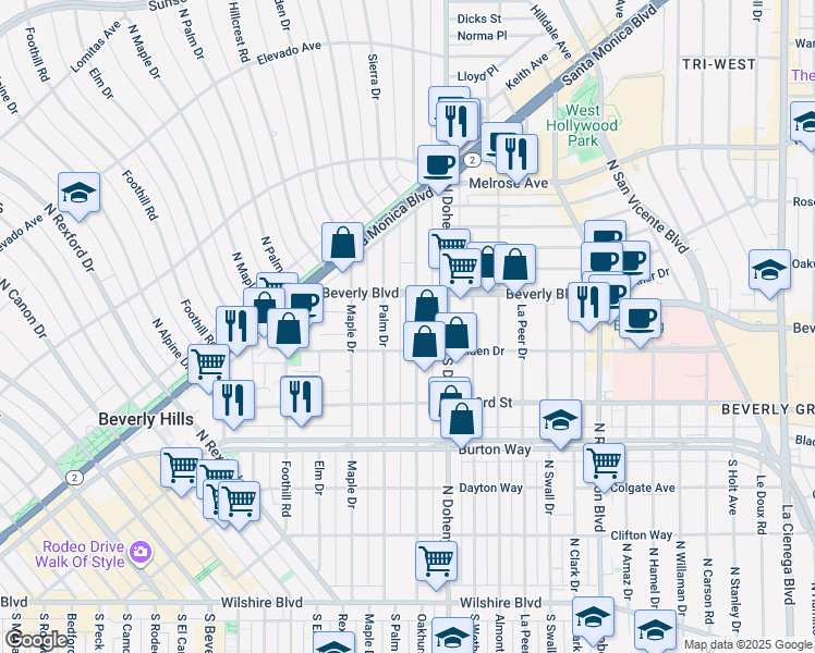 map of restaurants, bars, coffee shops, grocery stores, and more near 411 North Oakhurst Drive in Beverly Hills