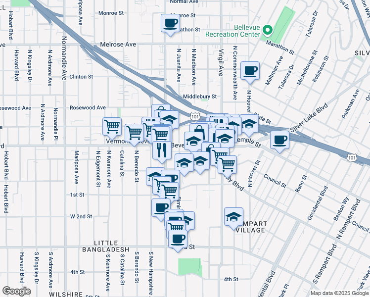 map of restaurants, bars, coffee shops, grocery stores, and more near 234 North Juanita Avenue in Los Angeles