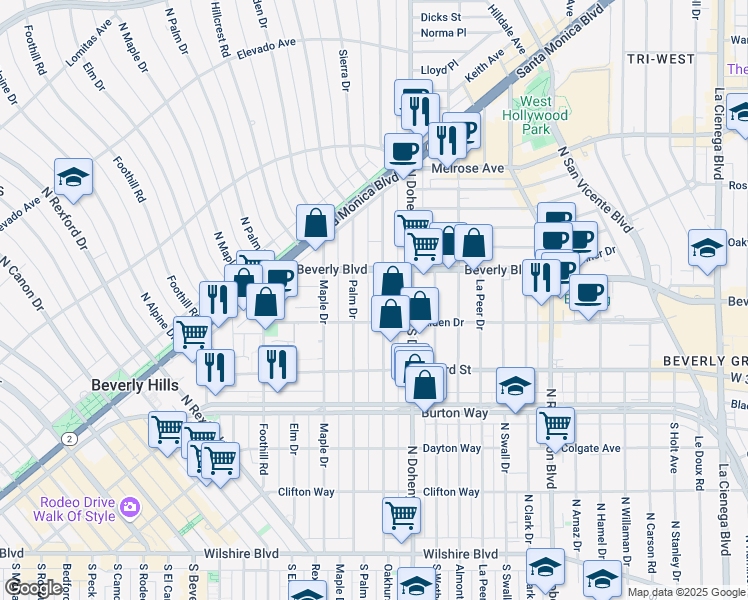 map of restaurants, bars, coffee shops, grocery stores, and more near 411 North Oakhurst Drive in Beverly Hills