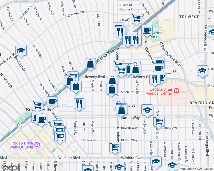 map of restaurants, bars, coffee shops, grocery stores, and more near 411 North Oakhurst Drive in Beverly Hills