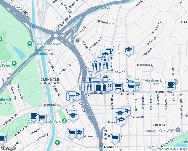 map of restaurants, bars, coffee shops, grocery stores, and more near 2311 Pasadena Avenue in Los Angeles