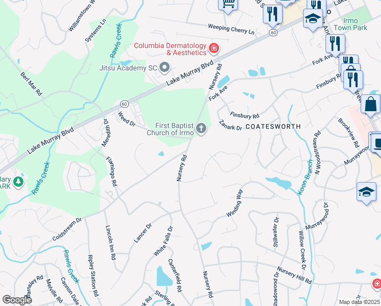 map of restaurants, bars, coffee shops, grocery stores, and more near 7046 Nursery Road in Columbia