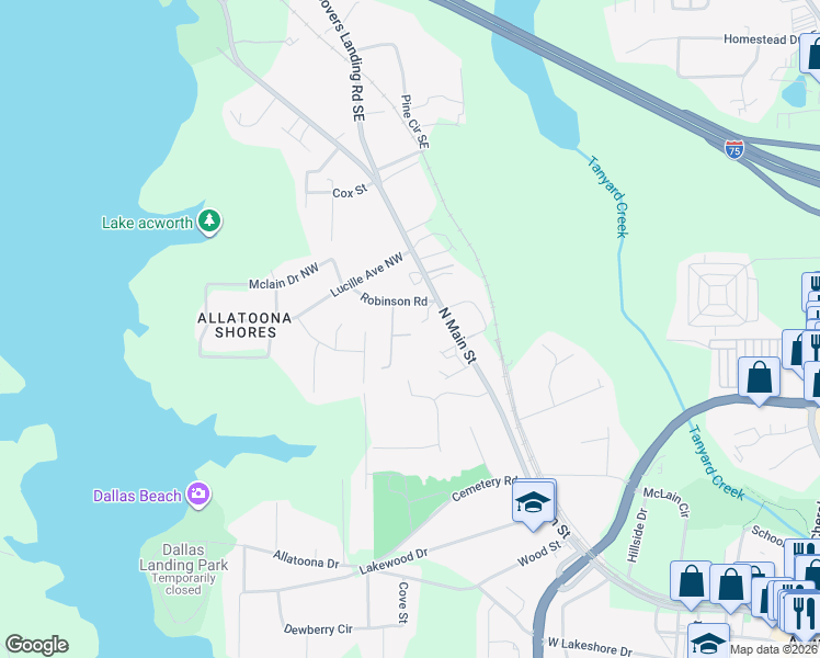 map of restaurants, bars, coffee shops, grocery stores, and more near 4804 Cameron Way in Acworth