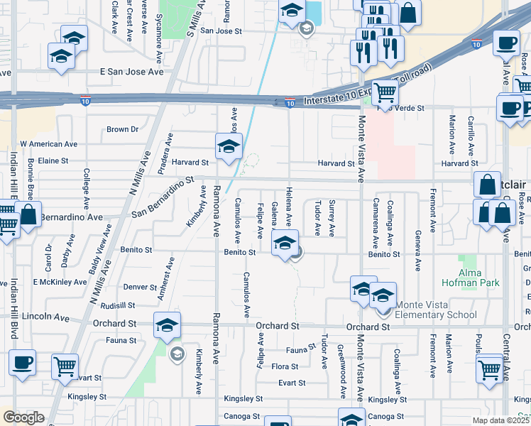 map of restaurants, bars, coffee shops, grocery stores, and more near 9793 Felipe Avenue in Montclair