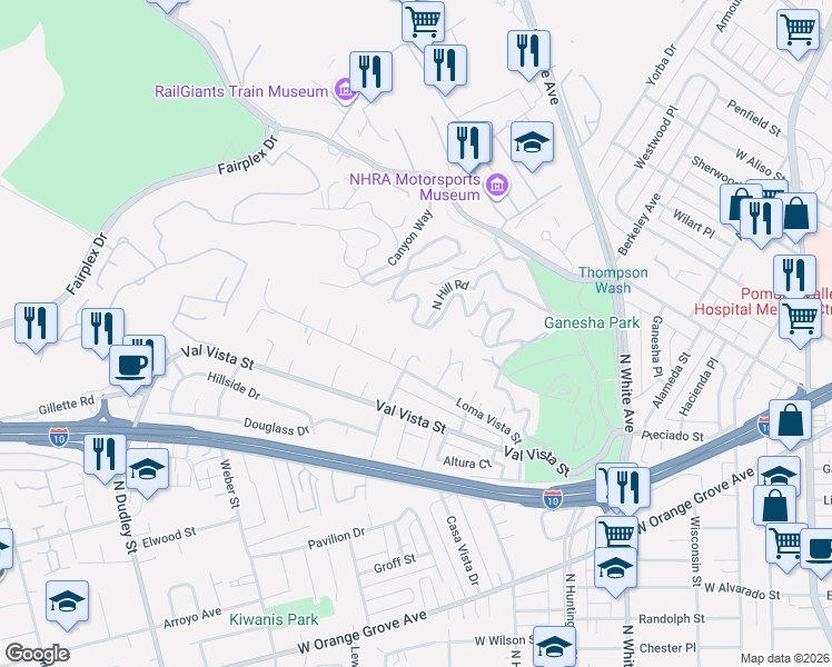 map of restaurants, bars, coffee shops, grocery stores, and more near Hillcrest Drive in Pomona
