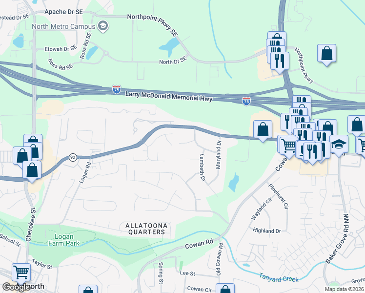 map of restaurants, bars, coffee shops, grocery stores, and more near 3821 Baltimore Place in Acworth