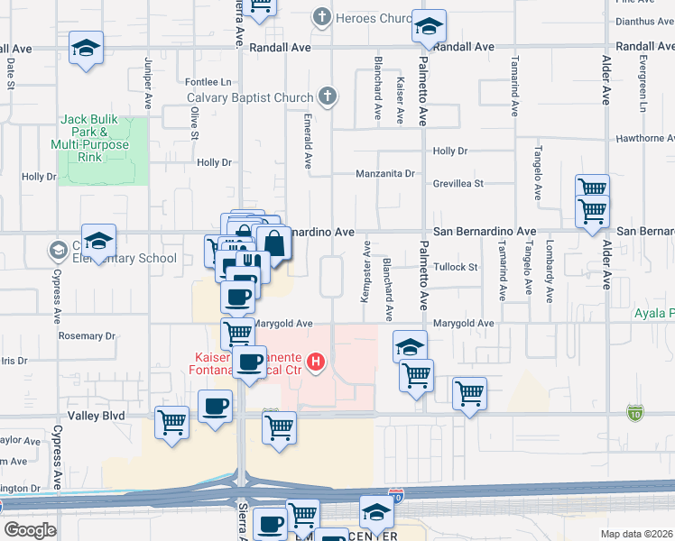 map of restaurants, bars, coffee shops, grocery stores, and more near 9813 Mango Lane in Fontana