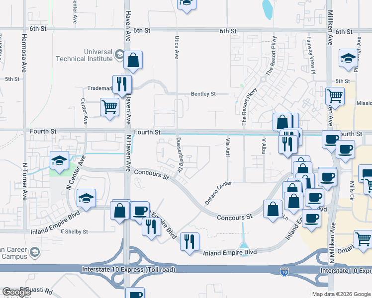 map of restaurants, bars, coffee shops, grocery stores, and more near 950 Duesenberg Drive in Ontario