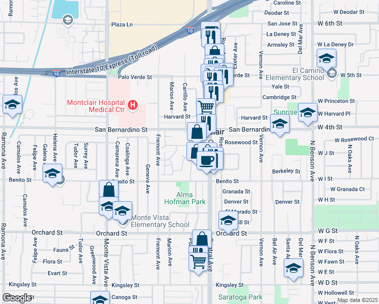 map of restaurants, bars, coffee shops, grocery stores, and more near 5193 Steamboat Drive in Montclair