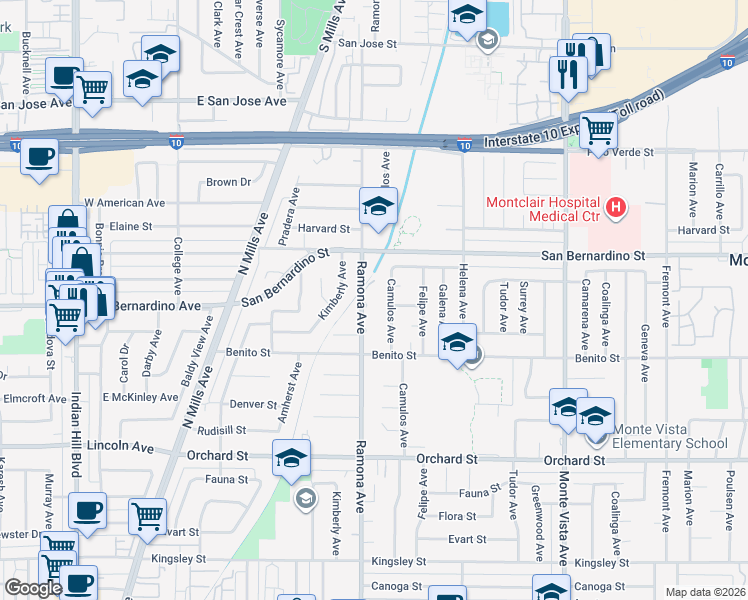 map of restaurants, bars, coffee shops, grocery stores, and more near 9823 Ramona Avenue in Montclair
