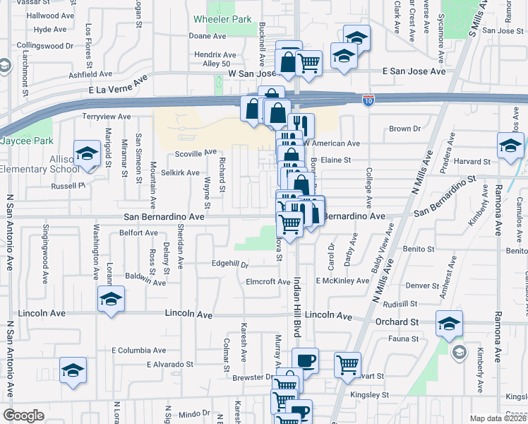 map of restaurants, bars, coffee shops, grocery stores, and more near 1440 San Bernardino Avenue in Pomona