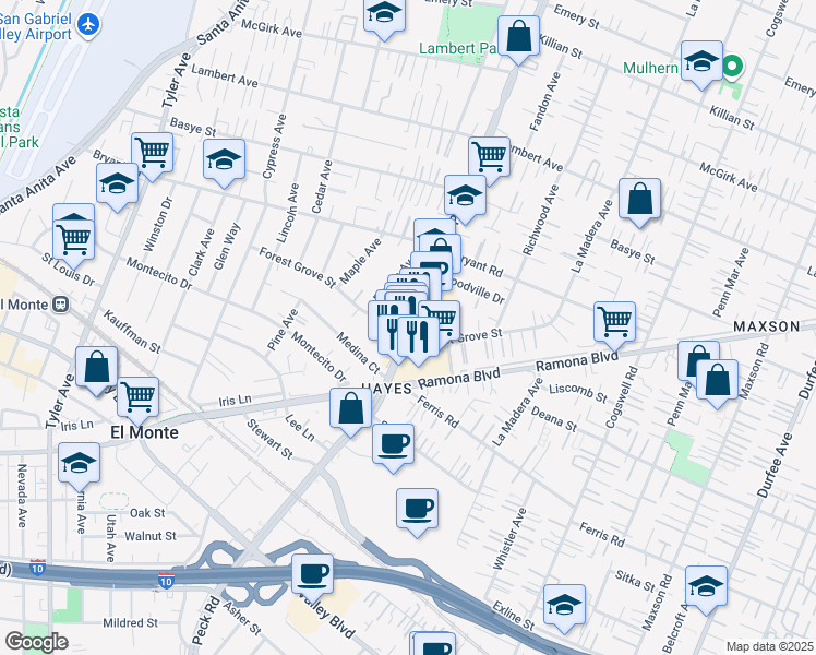 map of restaurants, bars, coffee shops, grocery stores, and more near 3856 Peck Road in El Monte