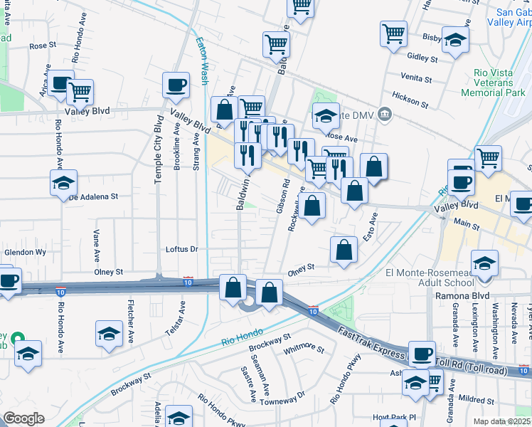 map of restaurants, bars, coffee shops, grocery stores, and more near 3709 Gibson Road in El Monte