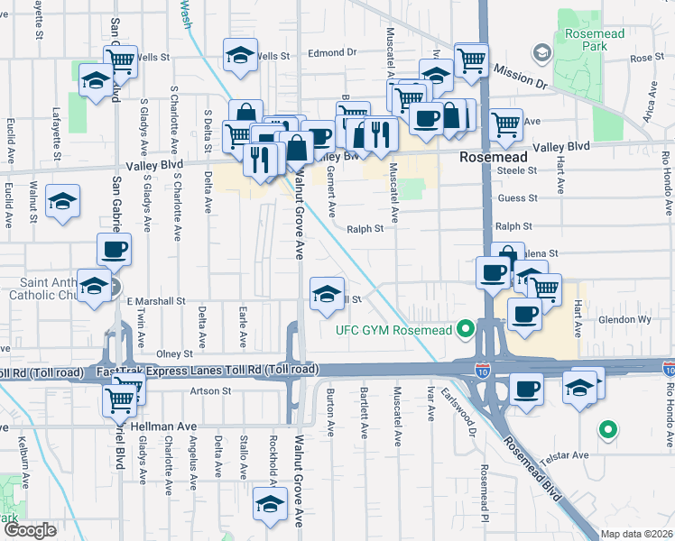 map of restaurants, bars, coffee shops, grocery stores, and more near 3719 Bartlett Avenue in Rosemead