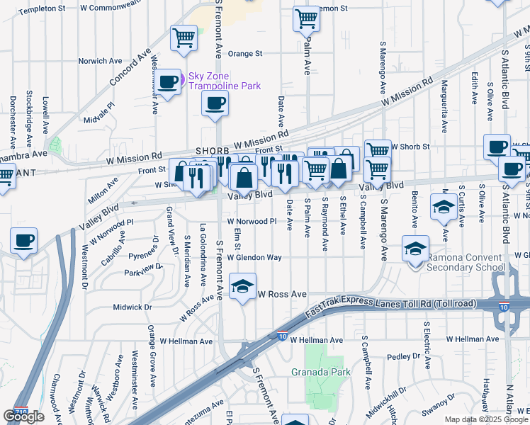 map of restaurants, bars, coffee shops, grocery stores, and more near 2304 West Norwood Place in Alhambra