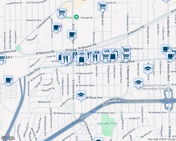 map of restaurants, bars, coffee shops, grocery stores, and more near 2304 West Norwood Place in Alhambra