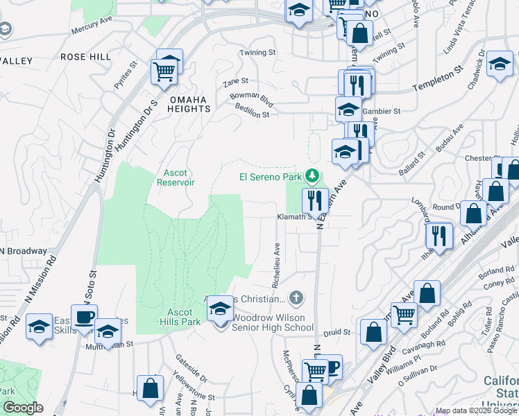 map of restaurants, bars, coffee shops, grocery stores, and more near 2484 North Ditman Avenue in Los Angeles