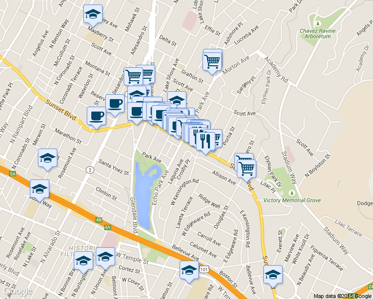 map of restaurants, bars, coffee shops, grocery stores, and more near 1076 Laguna Avenue in Los Angeles
