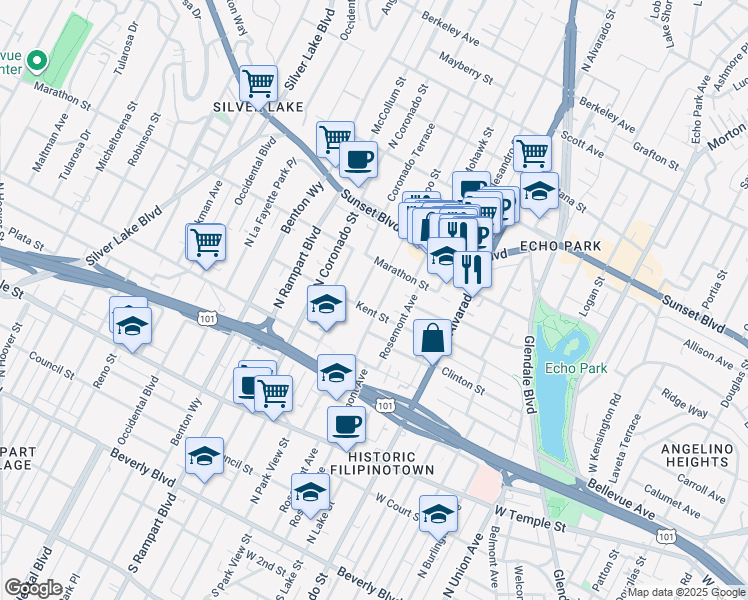 map of restaurants, bars, coffee shops, grocery stores, and more near 2301 Bellevue Avenue in Los Angeles