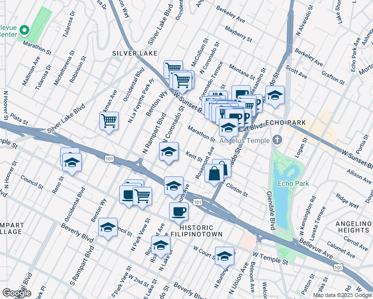 map of restaurants, bars, coffee shops, grocery stores, and more near 2301 Bellevue Avenue in Los Angeles