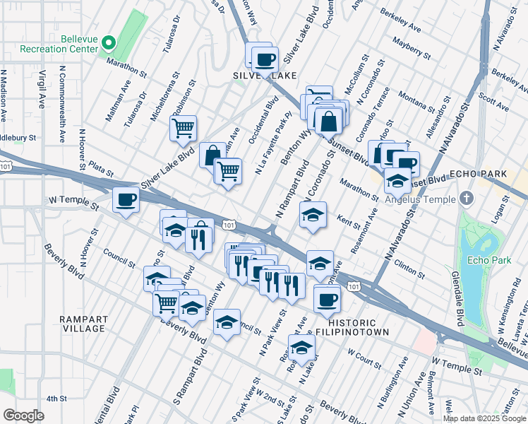 map of restaurants, bars, coffee shops, grocery stores, and more near 528 North Benton Way in Los Angeles