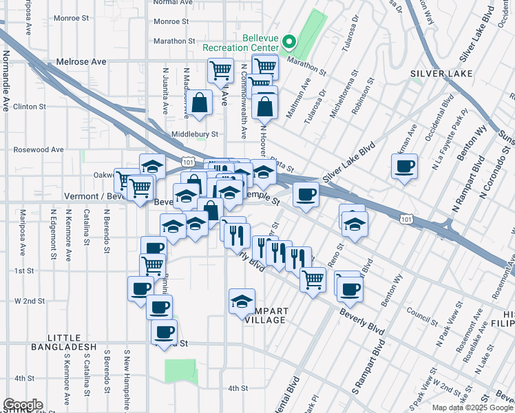 map of restaurants, bars, coffee shops, grocery stores, and more near 221 CommonwealthPlace in Los Angeles