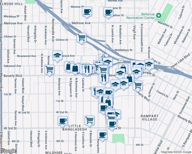 map of restaurants, bars, coffee shops, grocery stores, and more near 235/7 North New Hampshire Avenue in Los Angeles