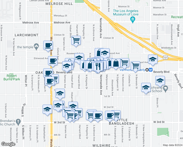 map of restaurants, bars, coffee shops, grocery stores, and more near 205 North Ardmore Avenue in Los Angeles