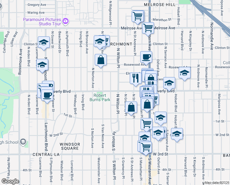 map of restaurants, bars, coffee shops, grocery stores, and more near 229 North Wilton Place in Los Angeles