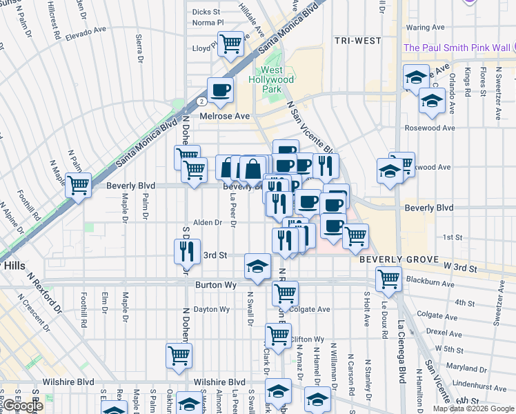 map of restaurants, bars, coffee shops, grocery stores, and more near 8903 Alden Drive in Los Angeles