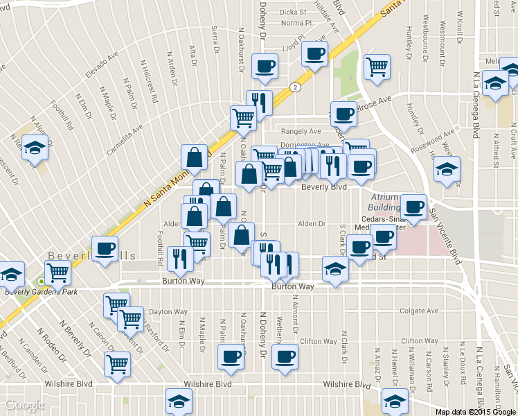 map of restaurants, bars, coffee shops, grocery stores, and more near 400 North Oakhurst Drive in Beverly Hills