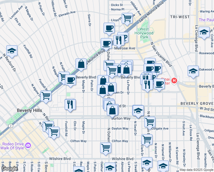 map of restaurants, bars, coffee shops, grocery stores, and more near 400 North Oakhurst Drive in Beverly Hills