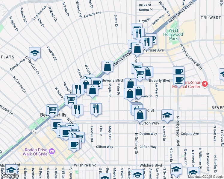 map of restaurants, bars, coffee shops, grocery stores, and more near 9231 Alden Drive in Beverly Hills