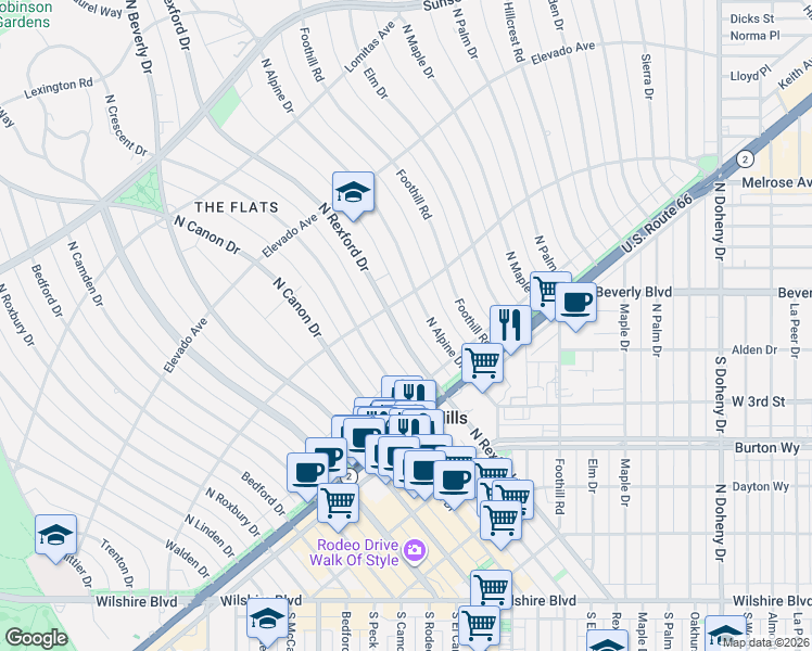 map of restaurants, bars, coffee shops, grocery stores, and more near 519 North Rexford Drive in Beverly Hills