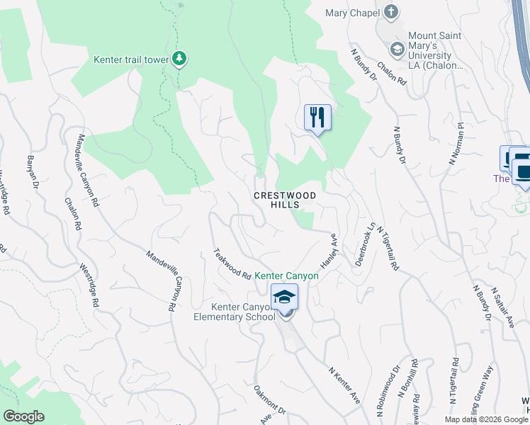 map of restaurants, bars, coffee shops, grocery stores, and more near 1030 North Kenter Avenue in Los Angeles