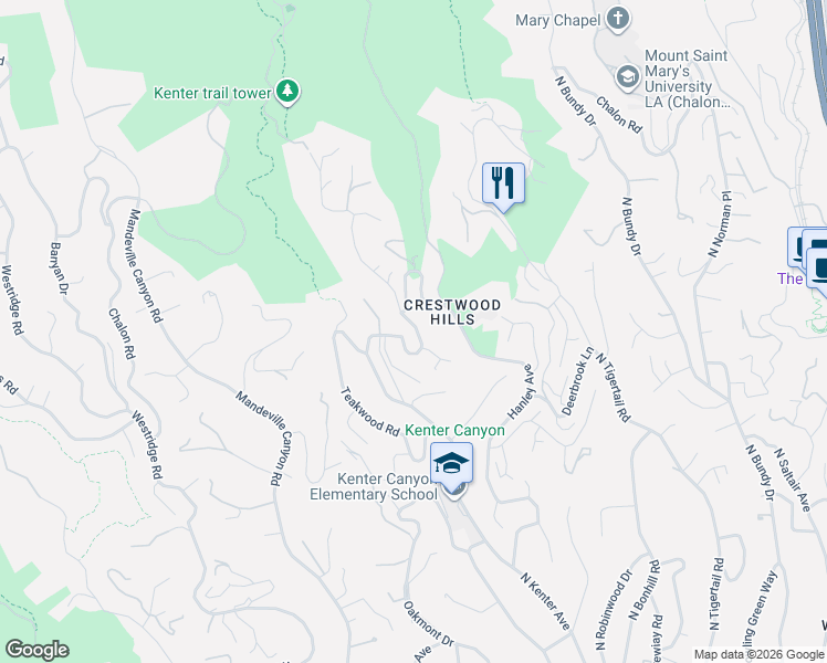 map of restaurants, bars, coffee shops, grocery stores, and more near 1030 North Kenter Avenue in Los Angeles