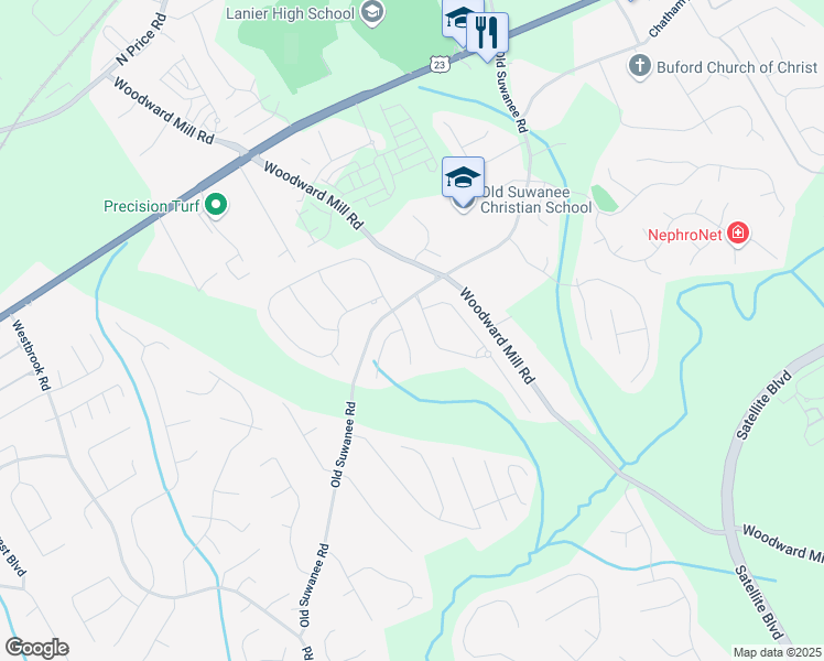 map of restaurants, bars, coffee shops, grocery stores, and more near 4071 Woodward Walk Lane in Suwanee