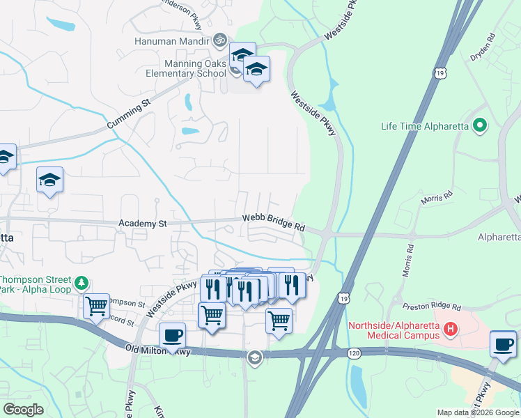 map of restaurants, bars, coffee shops, grocery stores, and more near 6115 Woodland Lane in Alpharetta