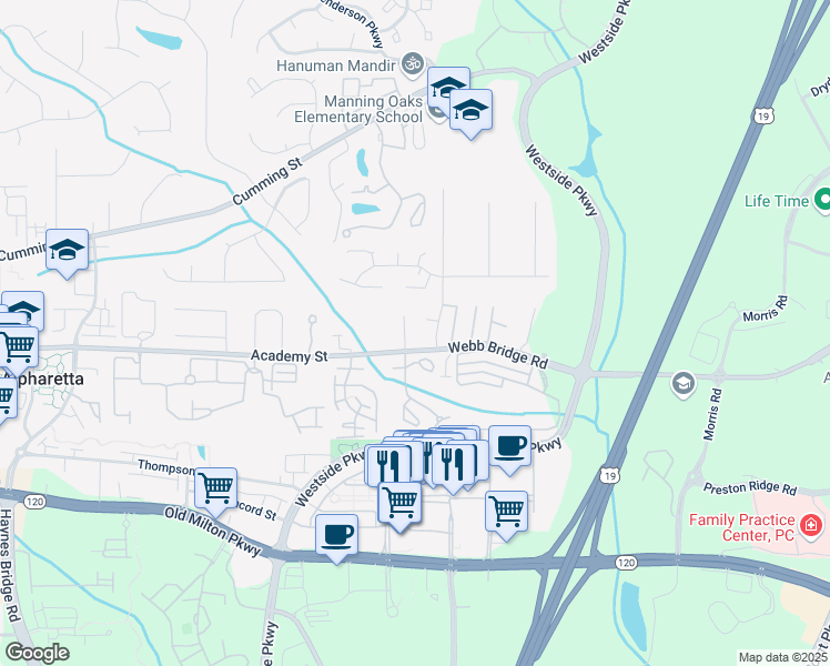 map of restaurants, bars, coffee shops, grocery stores, and more near 546 Plymouth Lane in Alpharetta