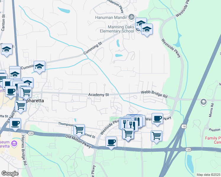 map of restaurants, bars, coffee shops, grocery stores, and more near 404 Wade Creek Road in Alpharetta